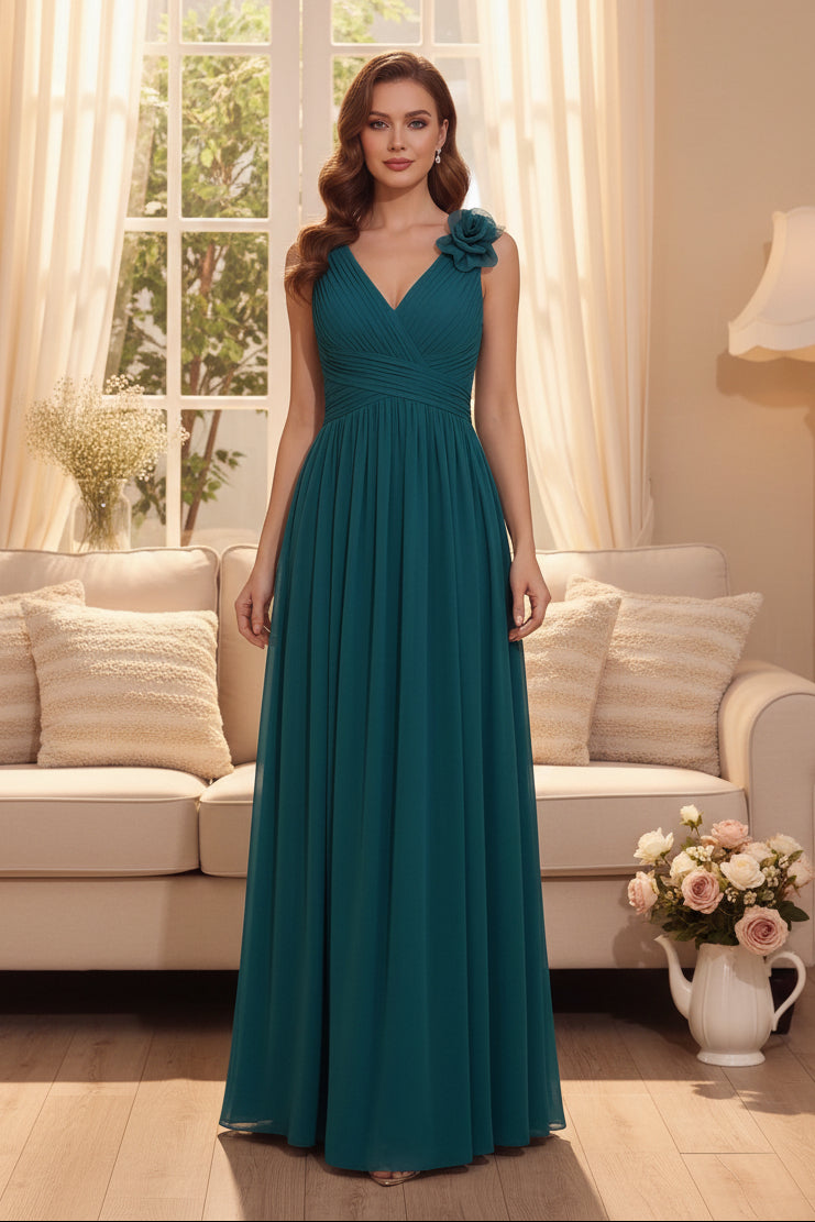 Pleated V-Neck A-Line Chiffon Gown with Flower