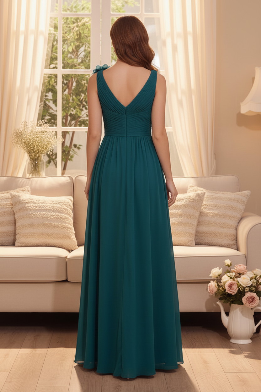 Pleated V-Neck A-Line Chiffon Gown with Flower