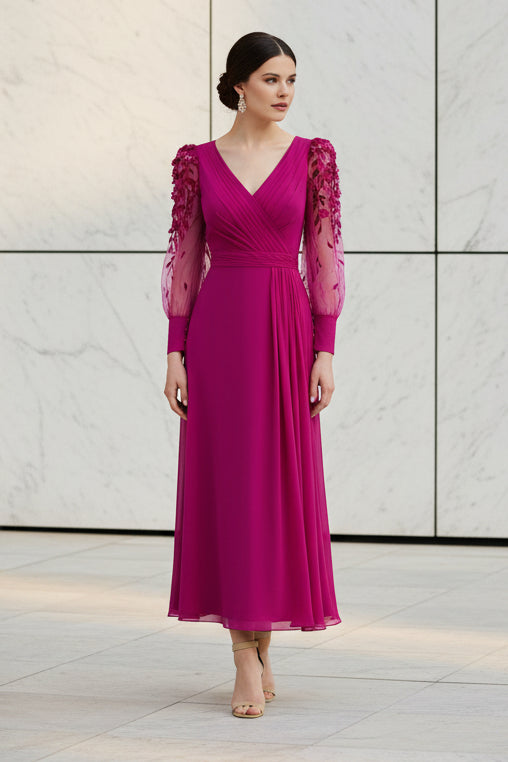 V-Neck Long Sleeve Applique Chiffon Midi Dress