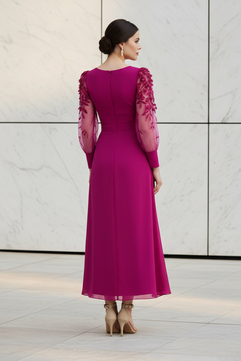 V-Neck Long Sleeve Applique Chiffon Midi Dress