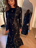 Embroidered Long Sleeve Gown with Lace-Up Back
