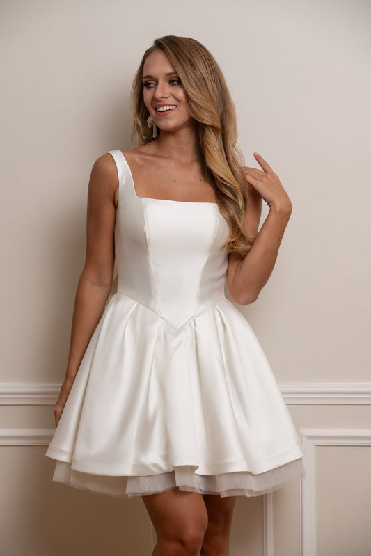 Square Neck Satin A-Line Mini Wedding Dress with Bow
