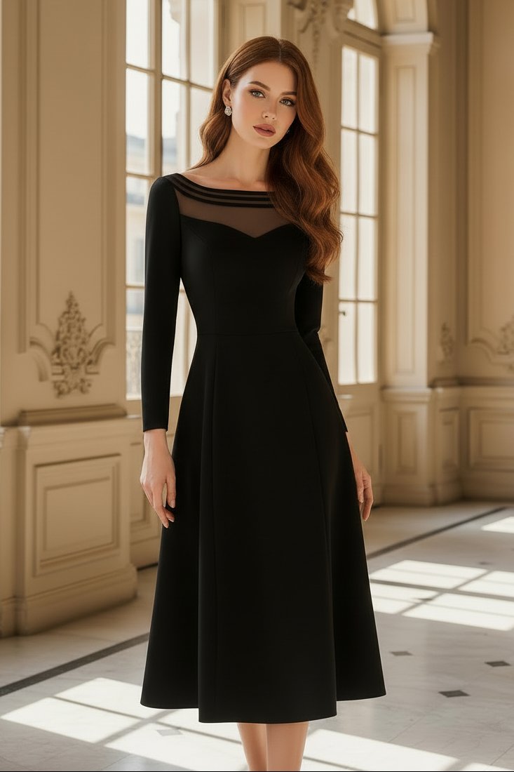 Sheer Illusion Neckline Long Sleeve Midi Dress