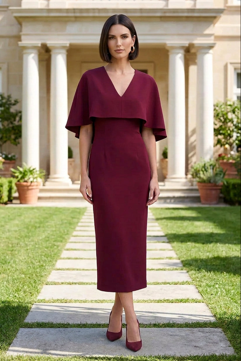 Cape Detail V-Neck Midi Sheath Dress