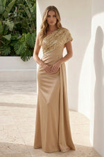 One-Shoulder Sequin Bodice Satin Evening Gown