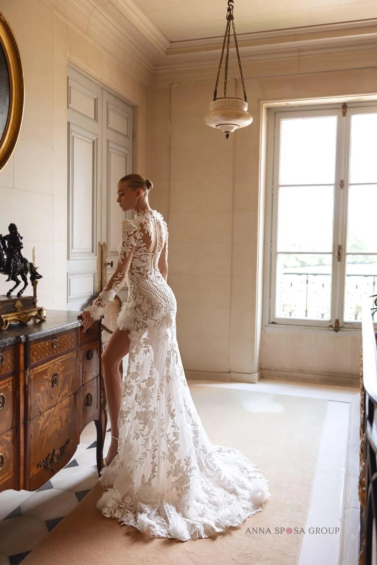 High Neck Illusion Lace Wedding Dress with Slit