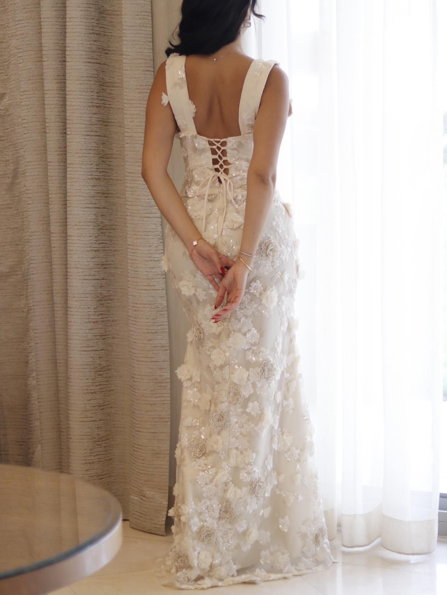 3D Floral Applique Lace-Up Formal Gown