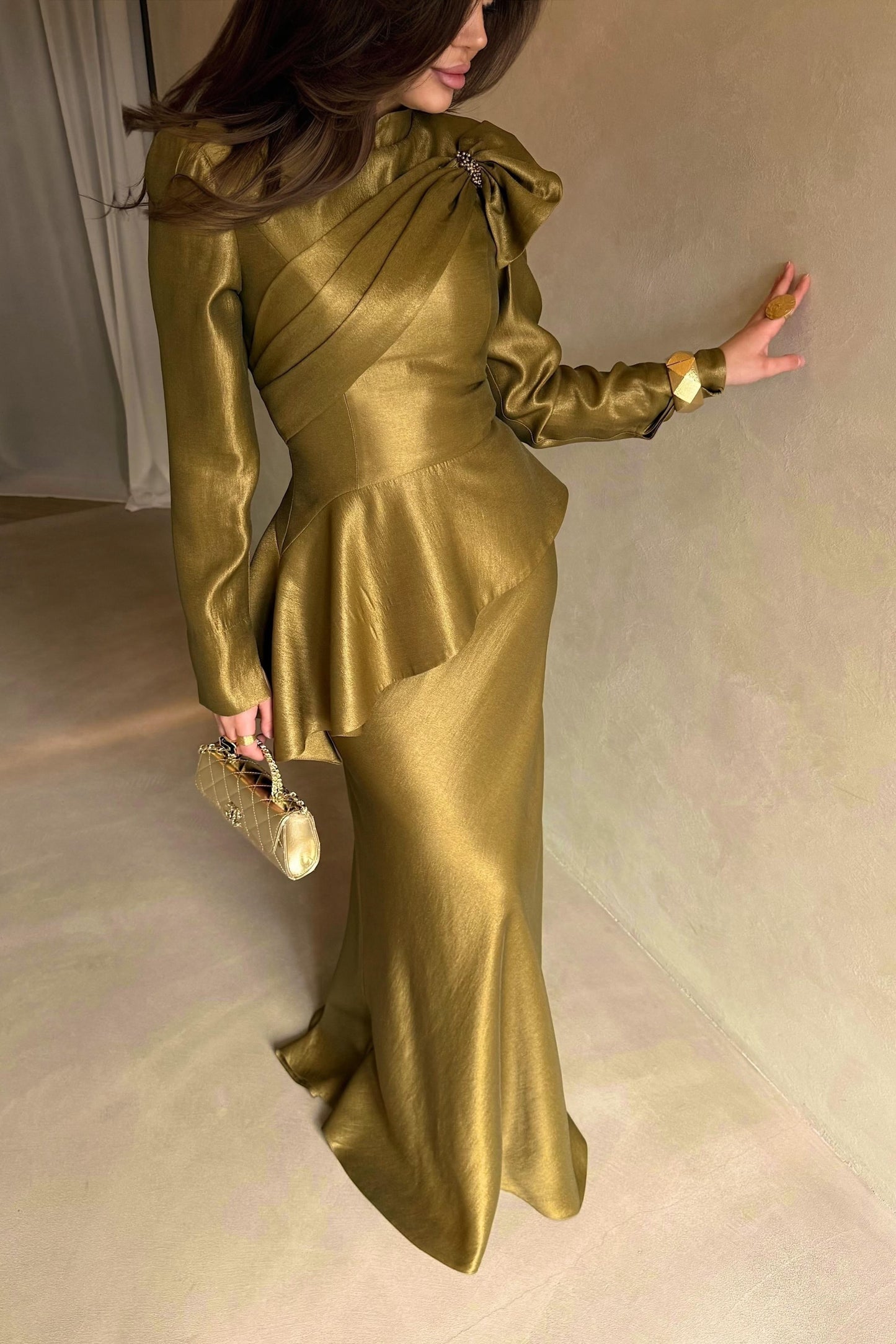 Draped Long Sleeve Peplum Evening Gown