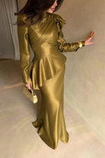 Draped Long Sleeve Peplum Evening Gown