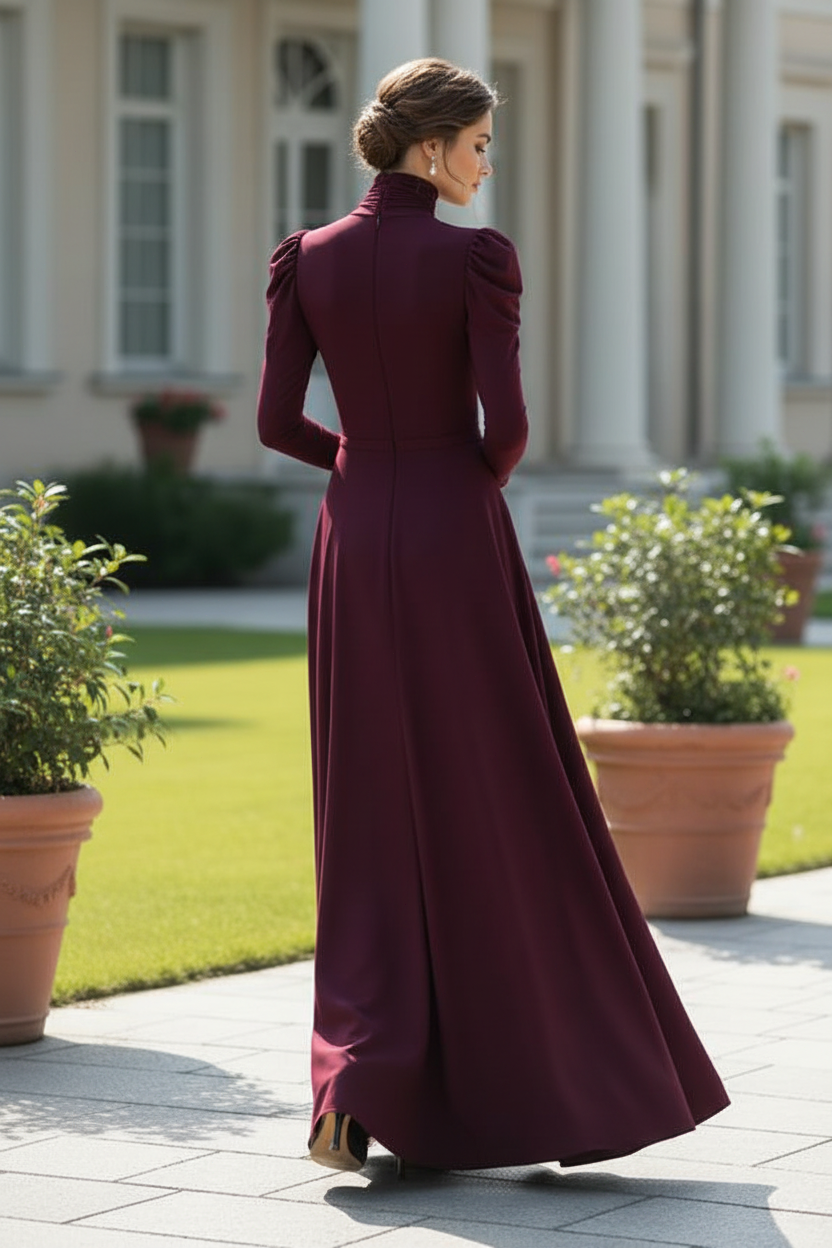 High Neck Ruched Shoulder A-Line Maxi Dress