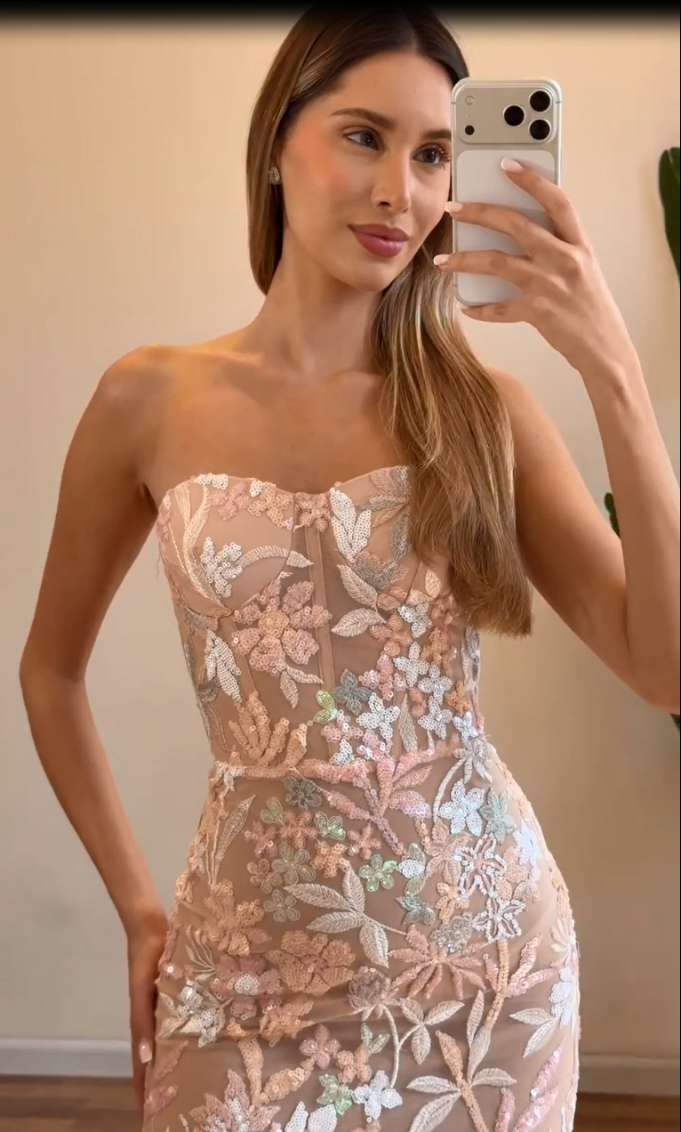 Strapless Floral Embroidered Corset Sheath Dress