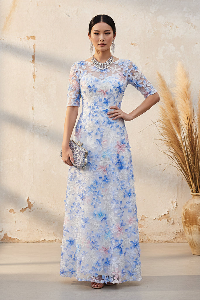 Floral Applique Illusion Neck Maxi Dress