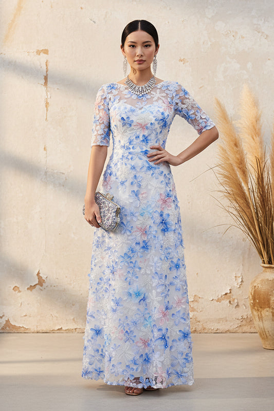 Floral Applique Illusion Neck Maxi Dress