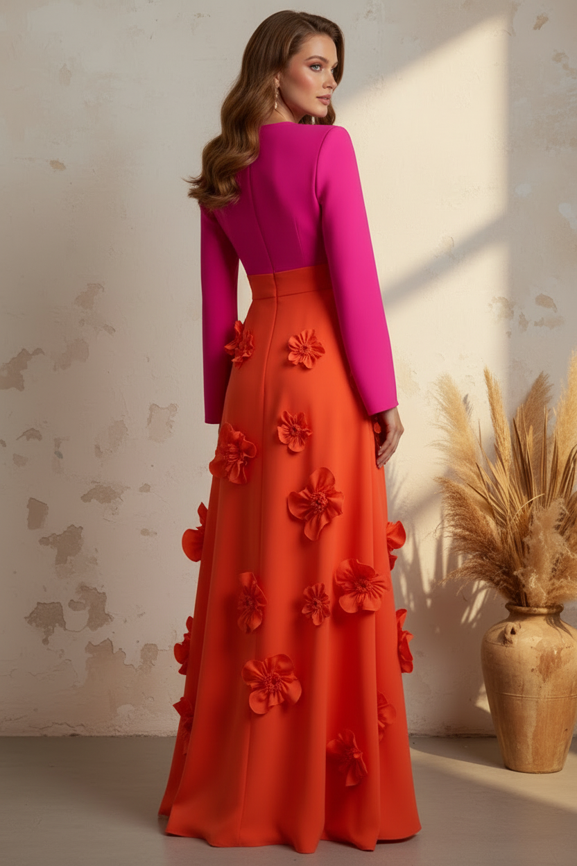 Two-Tone V-Neck Long Sleeve A-Line Gown with 3D Flowers