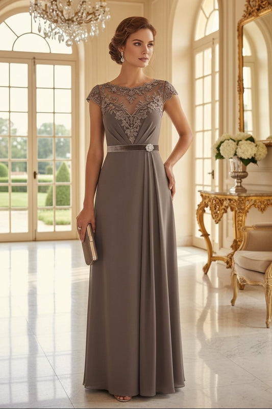 Embroidered Illusion Cap Sleeve A-Line Gown