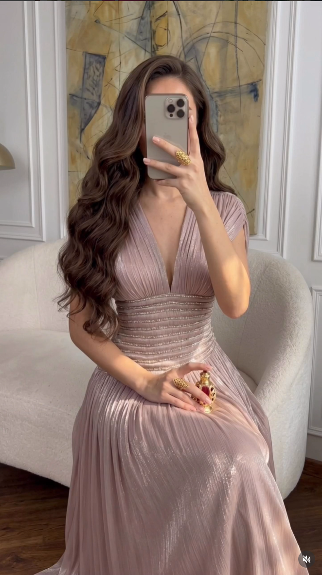 Pleated Deep V-Neck Beaded Waist Maxi Gown