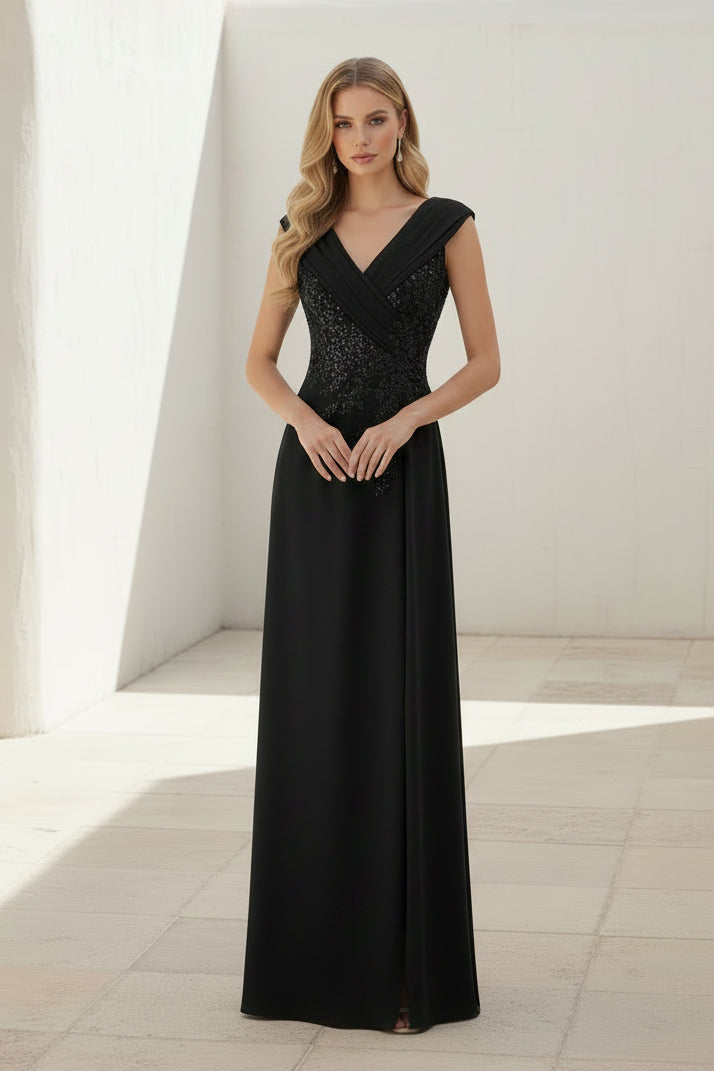 Sequin-Embellished V-Neck Gown with High Slit