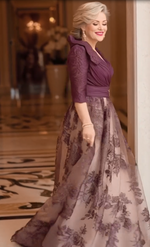 Lace A-Line Evening Gown with 3/4 Sleeves