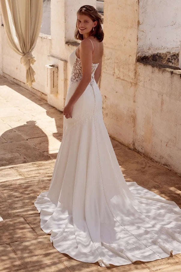 Plunging Lace-Panel Fit-and-Flare Wedding Dress