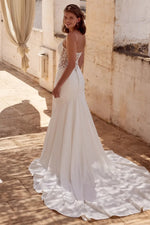 Plunging Lace-Panel Fit-and-Flare Wedding Dress