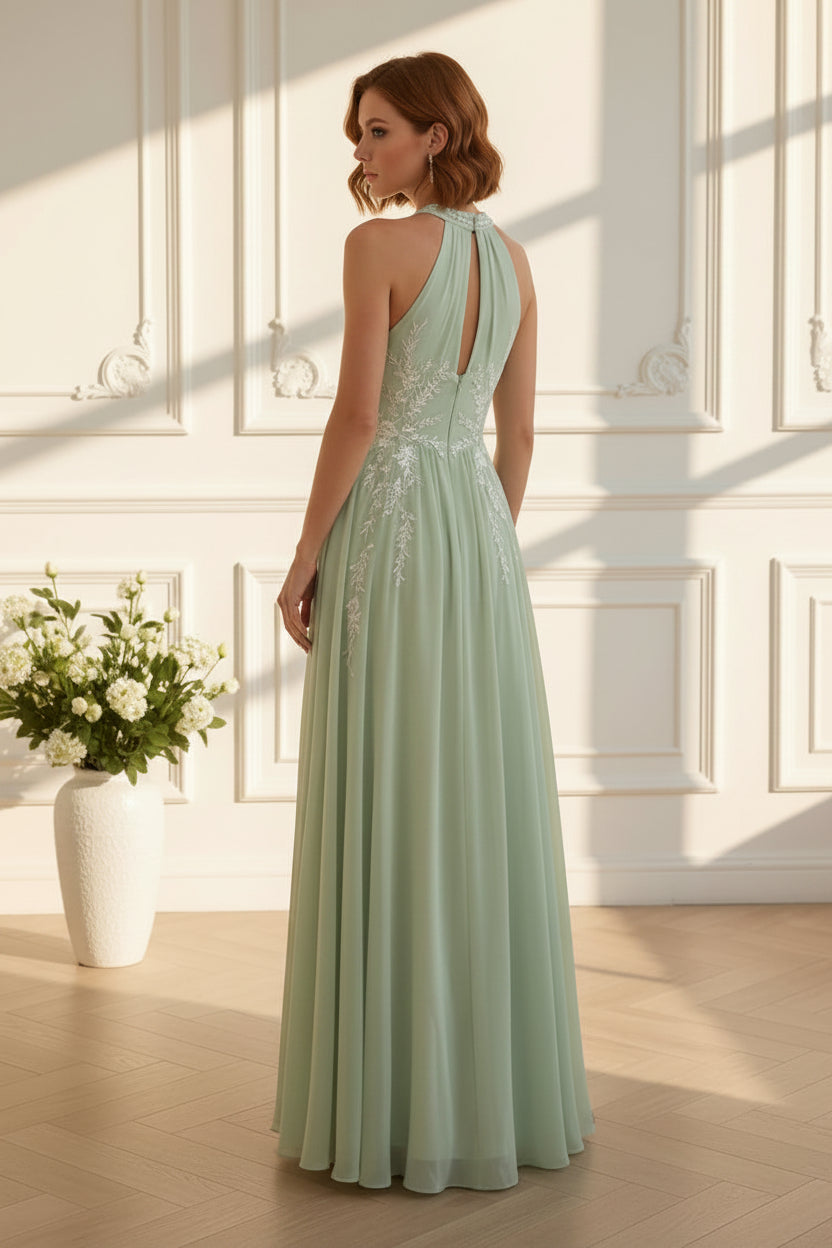 Embroidered Halter Chiffon A-Line Maxi Dress