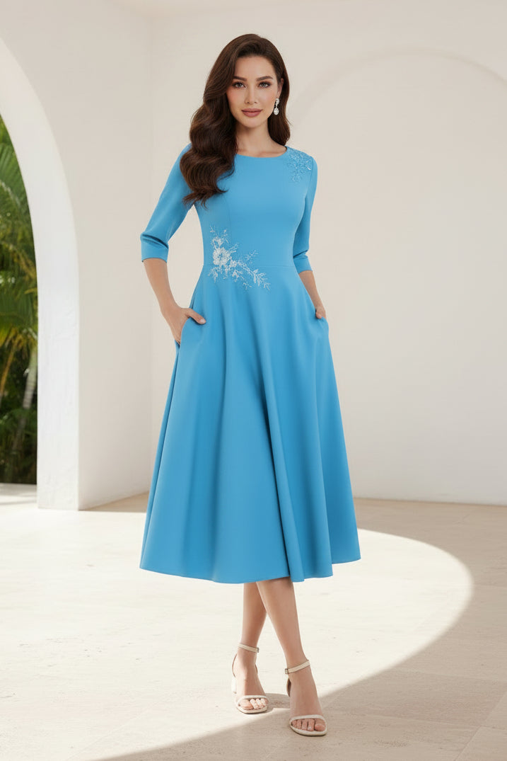 A-Line Midi Dress with 3/4 Sleeves and Pockets
