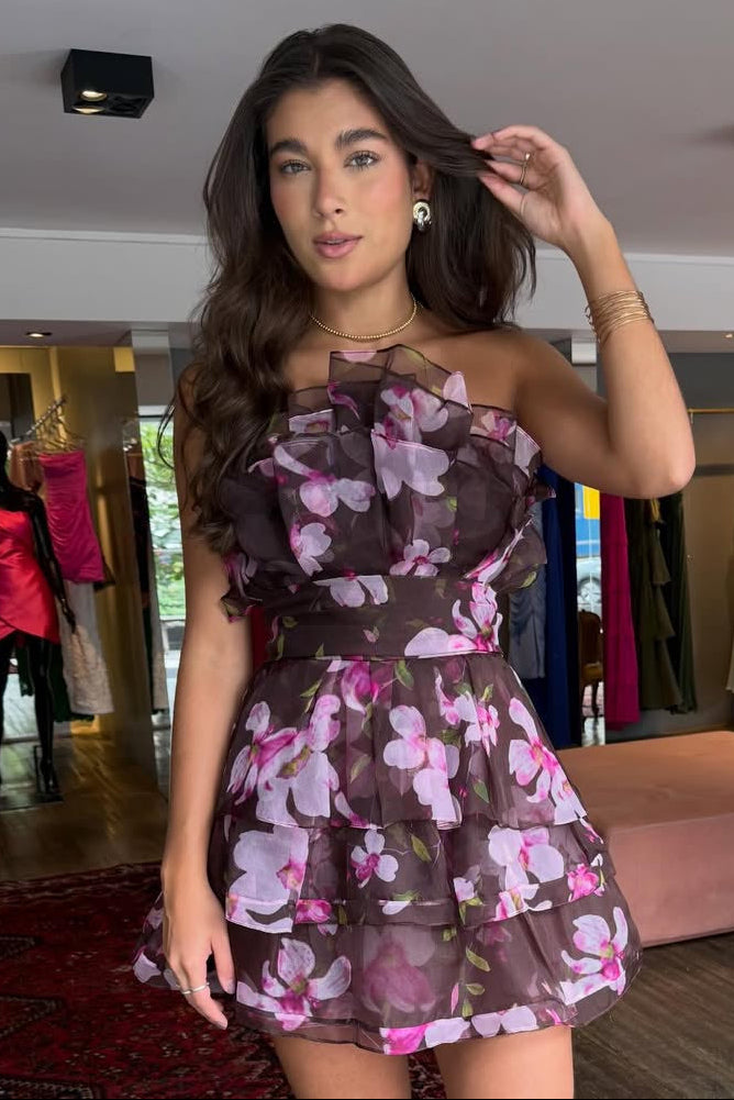 Strapless Floral Tiered Mini Dress