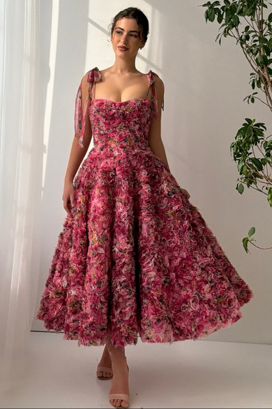 Floral Applique Tea-Length A-Line Dress