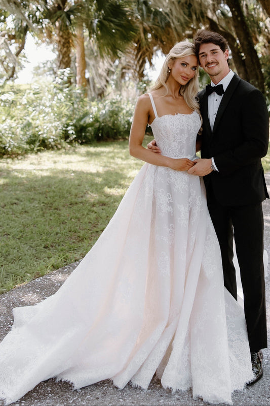 Spaghetti Strap Lace A-Line Wedding Gown with Open Back