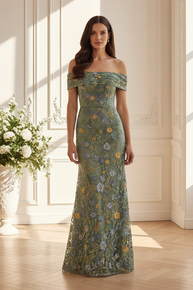 Off-Shoulder Embroidered Floral Evening Gown