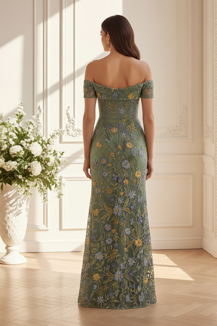 Off-Shoulder Embroidered Floral Evening Gown