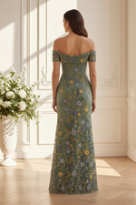 Off-Shoulder Embroidered Floral Evening Gown