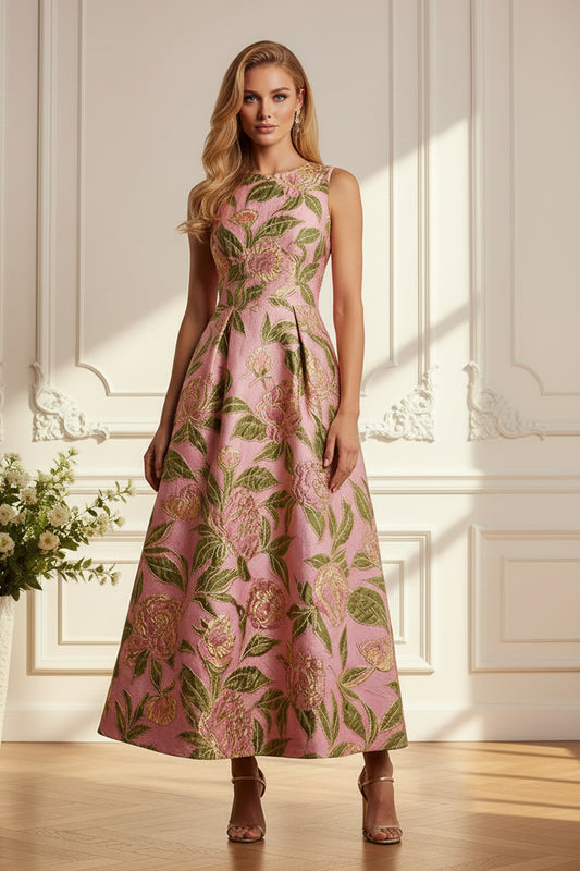 Floral Jacquard Sleeveless Pleated A-Line Midi Dress