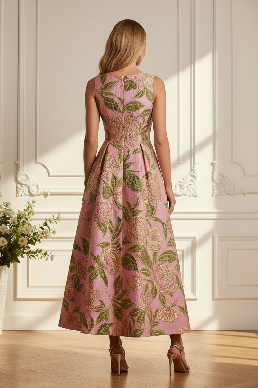 Floral Jacquard Sleeveless Pleated A-Line Midi Dress