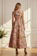 Floral Jacquard Sleeveless Pleated A-Line Midi Dress