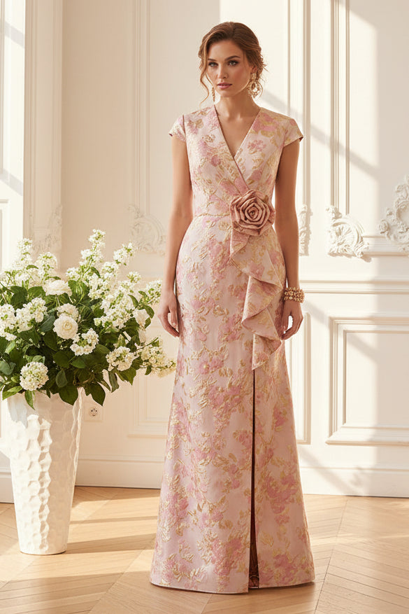 Floral Jacquard Wrap Gown with Ruffle Slit