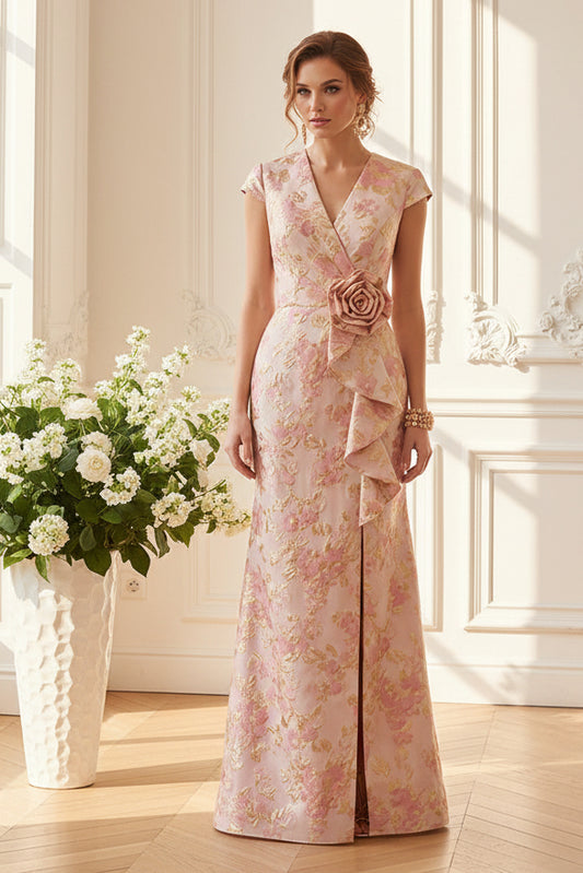 Floral Jacquard Wrap Gown with Ruffle Slit