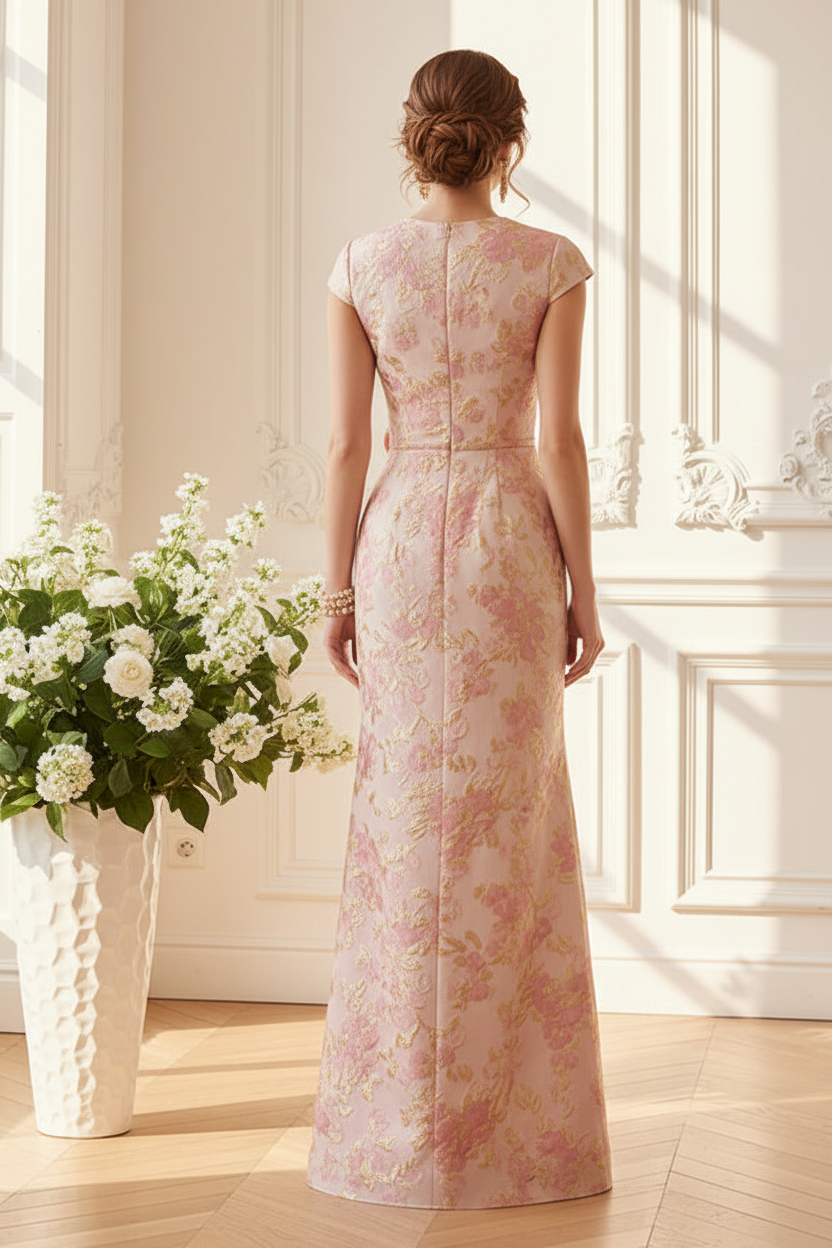 Floral Jacquard Wrap Gown with Ruffle Slit