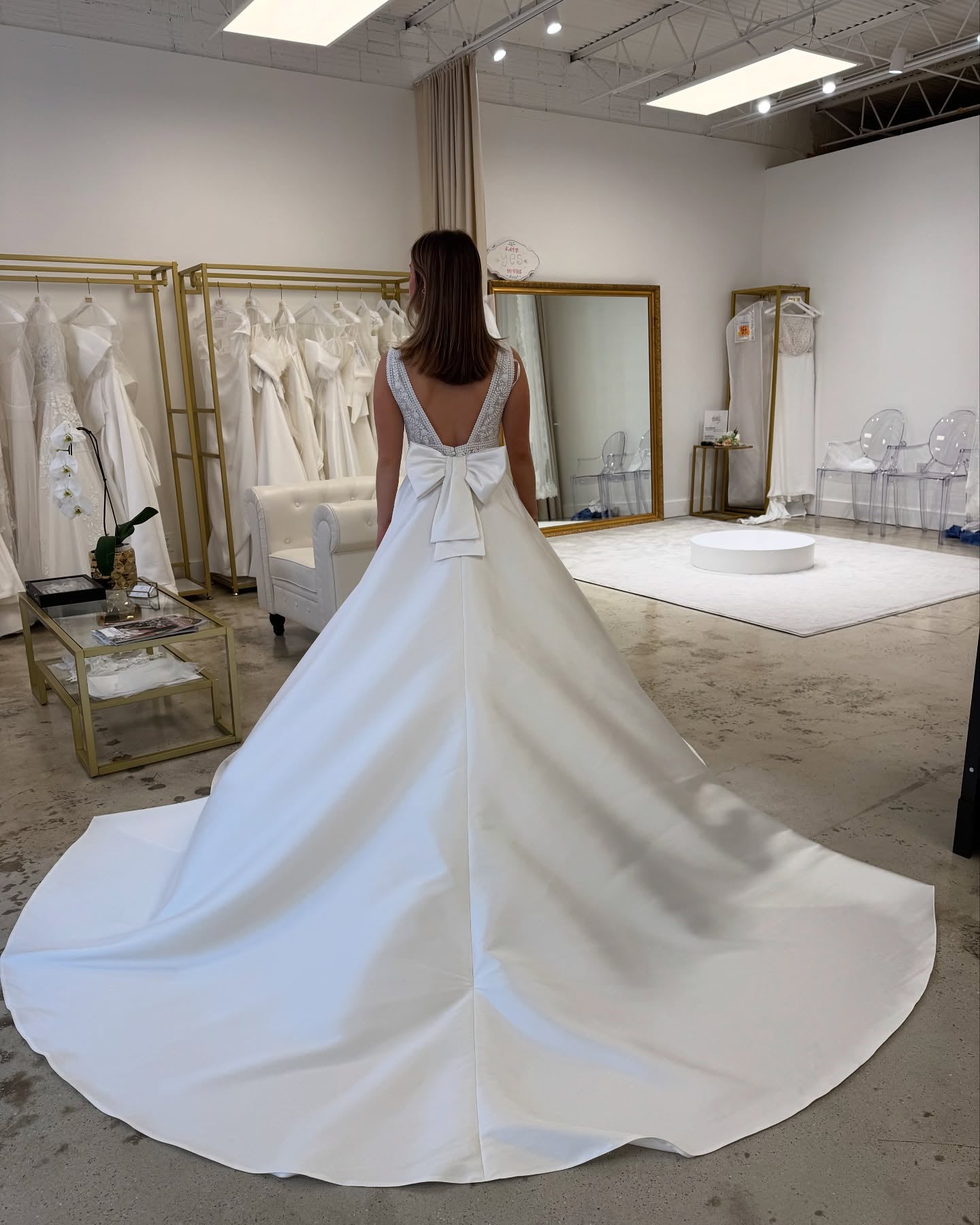A-Line Satin Wedding Dress with Beaded Bodice and Bow
