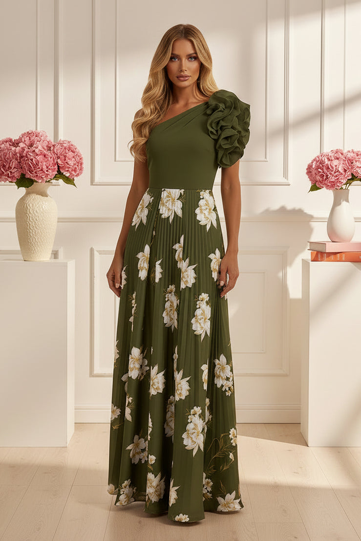 One-Shoulder Ruffle Pleated Floral Maxi Dress
