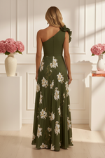 One-Shoulder Ruffle Pleated Floral Maxi Dress