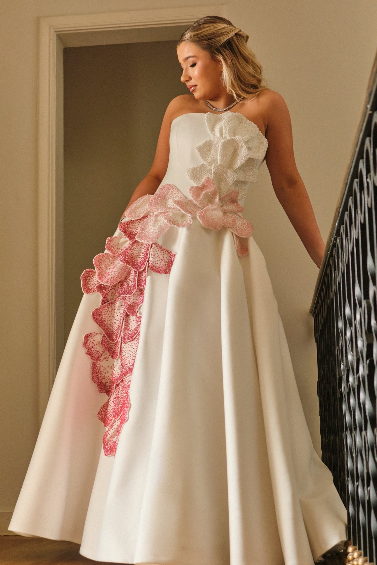 Strapless Floral Applique Ball Gown with Pockets