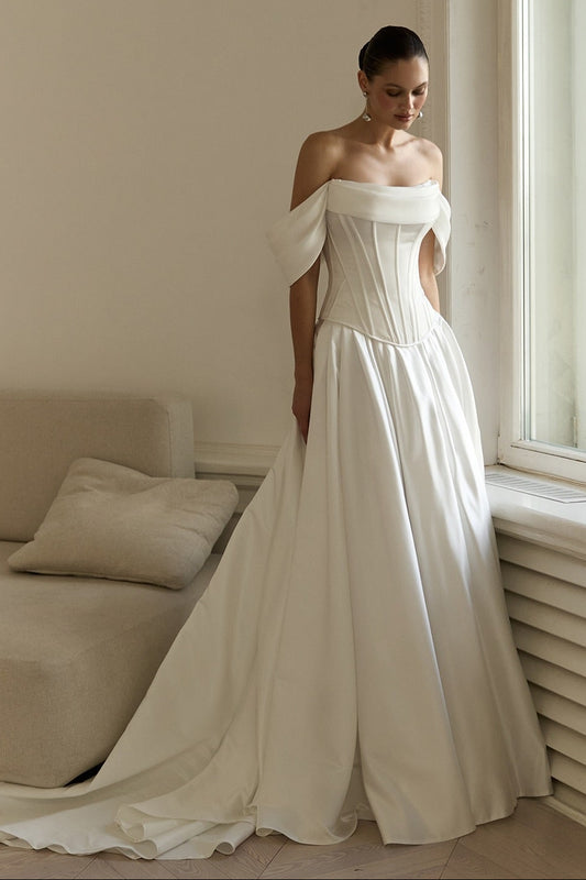 Off-the-Shoulder Corset Satin Wedding Dress
