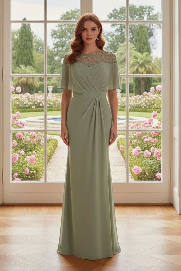 Illusion Beaded Flutter Sleeve Sheath Evening Gown