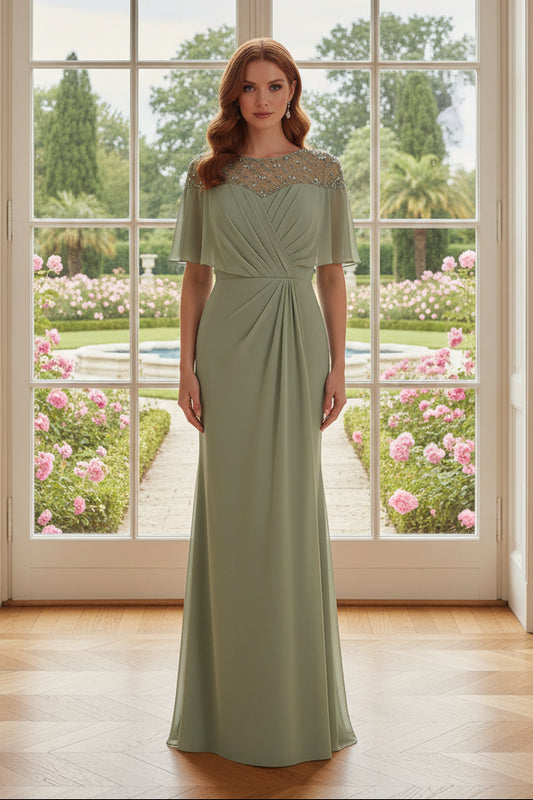 Illusion Beaded Flutter Sleeve Sheath Evening Gown