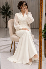 Embroidered V-Neck Gown with Bishop Sleeves