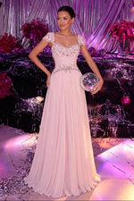 Beaded Cap Sleeve A-Line Chiffon Maxi Gown