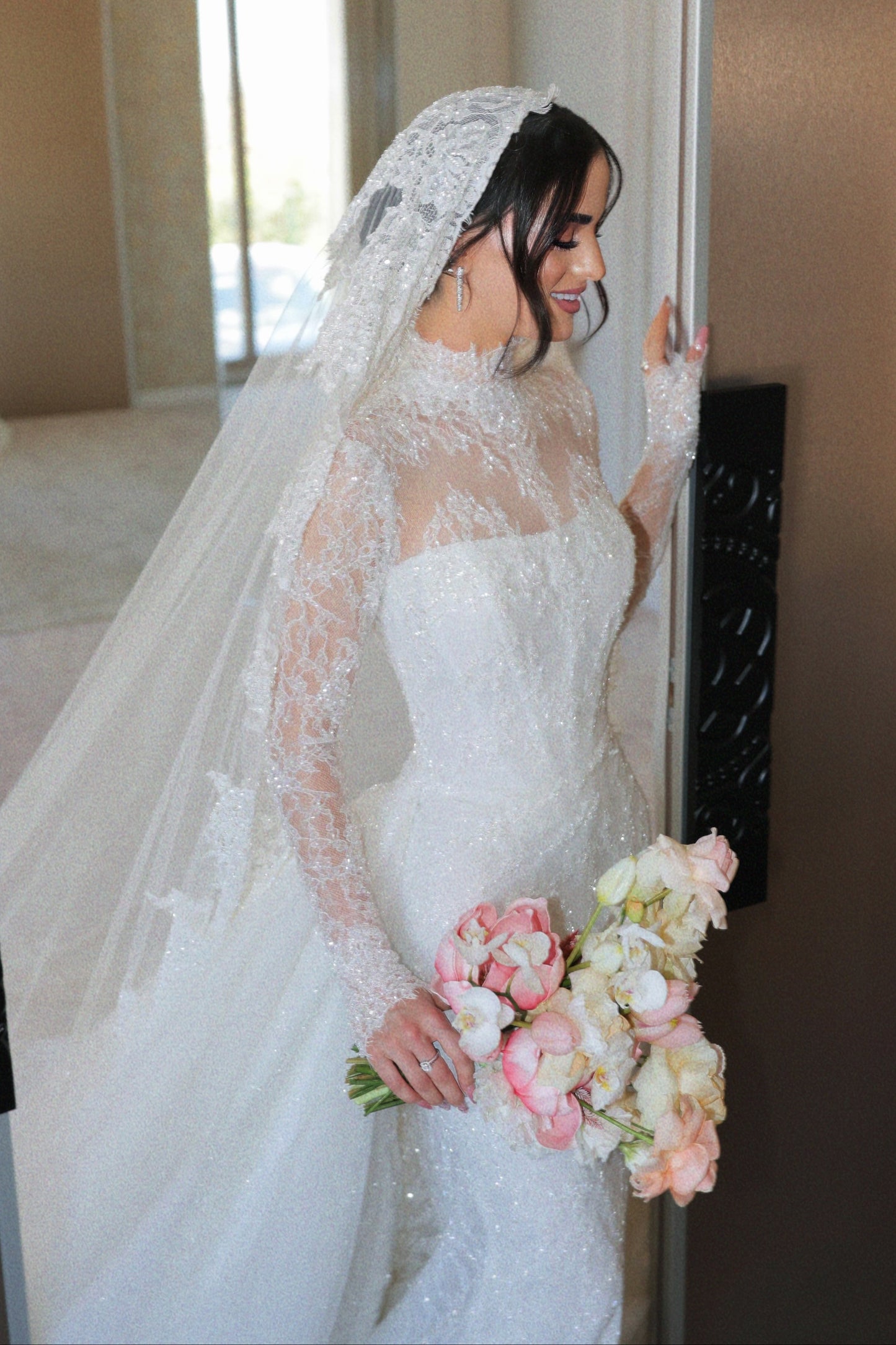 High Neck Illusion Lace Long Sleeve Wedding Dress