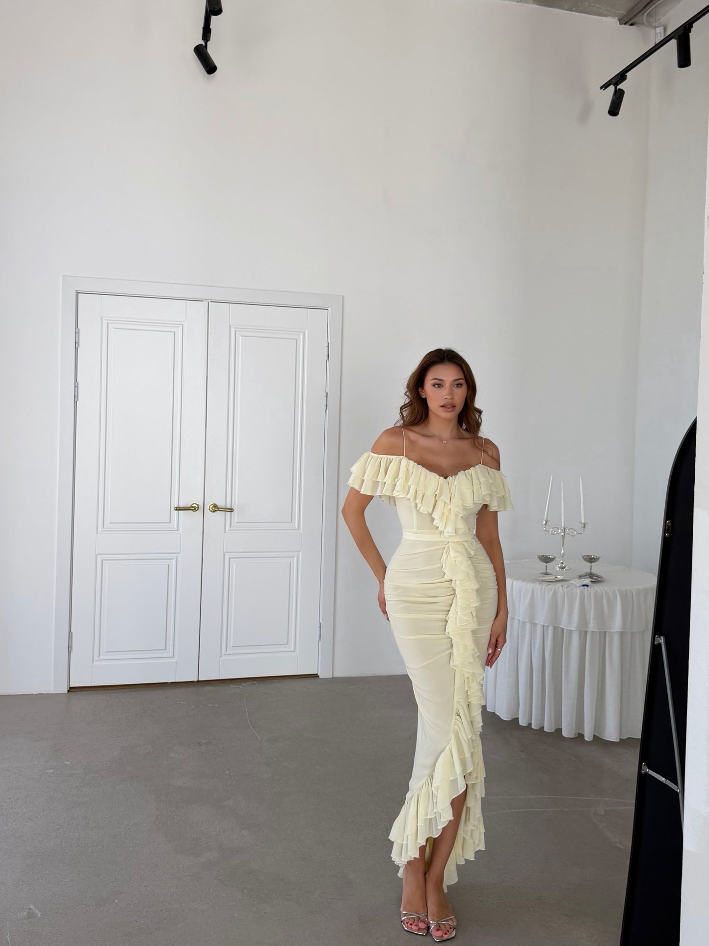 Off-the-Shoulder Ruched Ruffle Maxi Dress