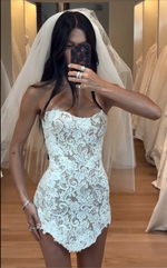 Strapless Floral Lace Pointed Hem Mini Dress